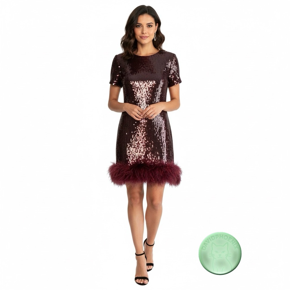 Express Burgundy Sequin Feather Hem Mini Dress – Size Medium New Without Tags